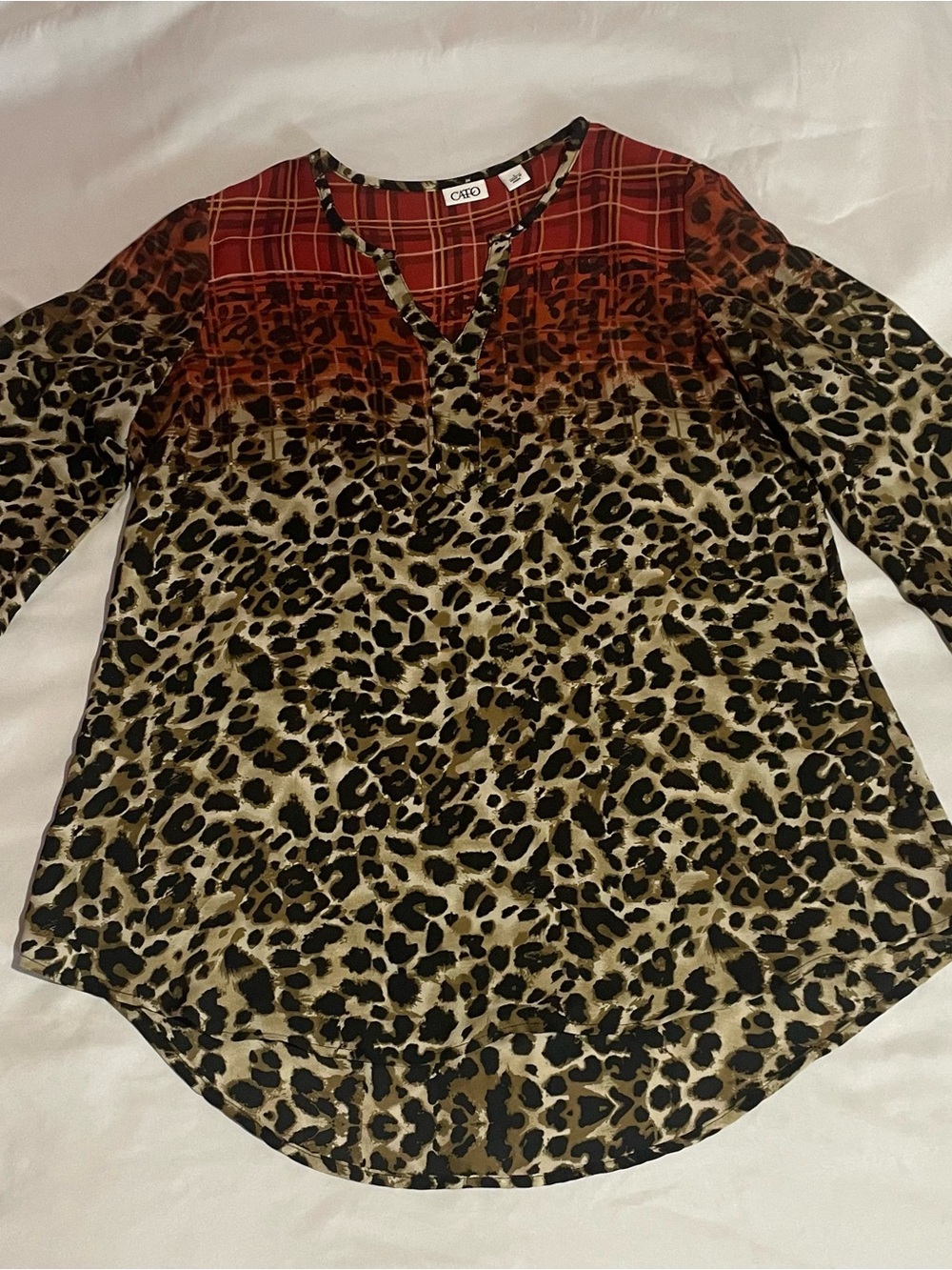Cato Red Plaid and Leopard Print V-Neck Tunic with long sleeves.